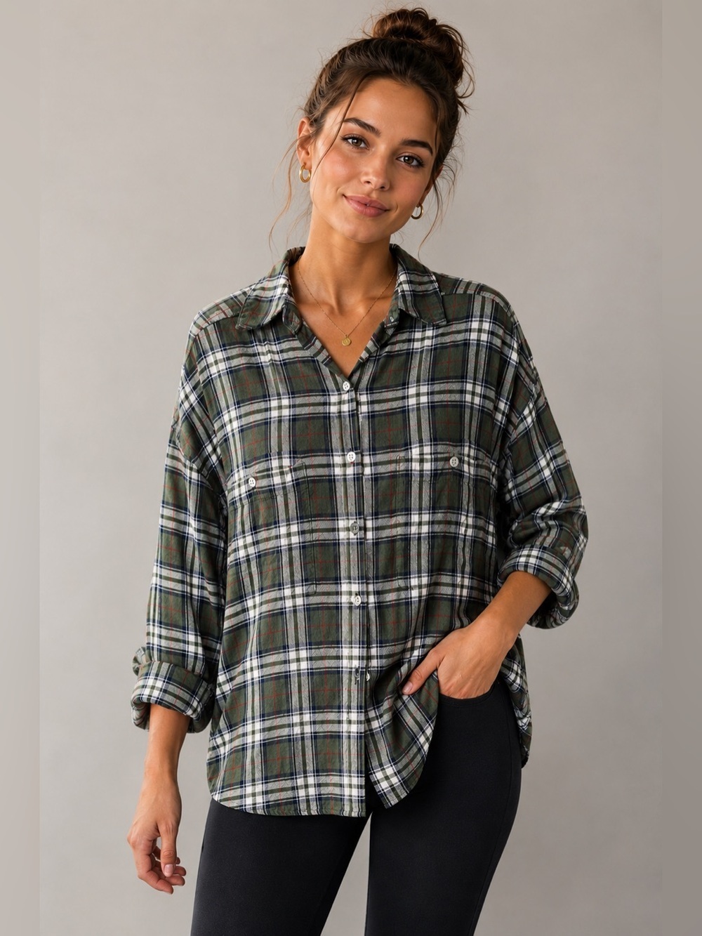 Max Studio Plaid Button Front Blouse Medium Green Blue Rayon Utility Shirt